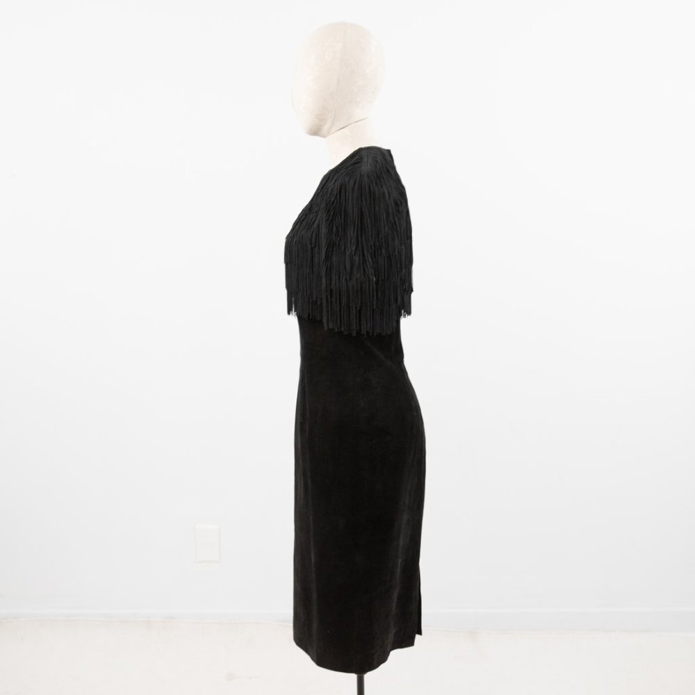 Vintage S/M Fringe Suede Leather Midi Dress Black - Picture 6 of 12